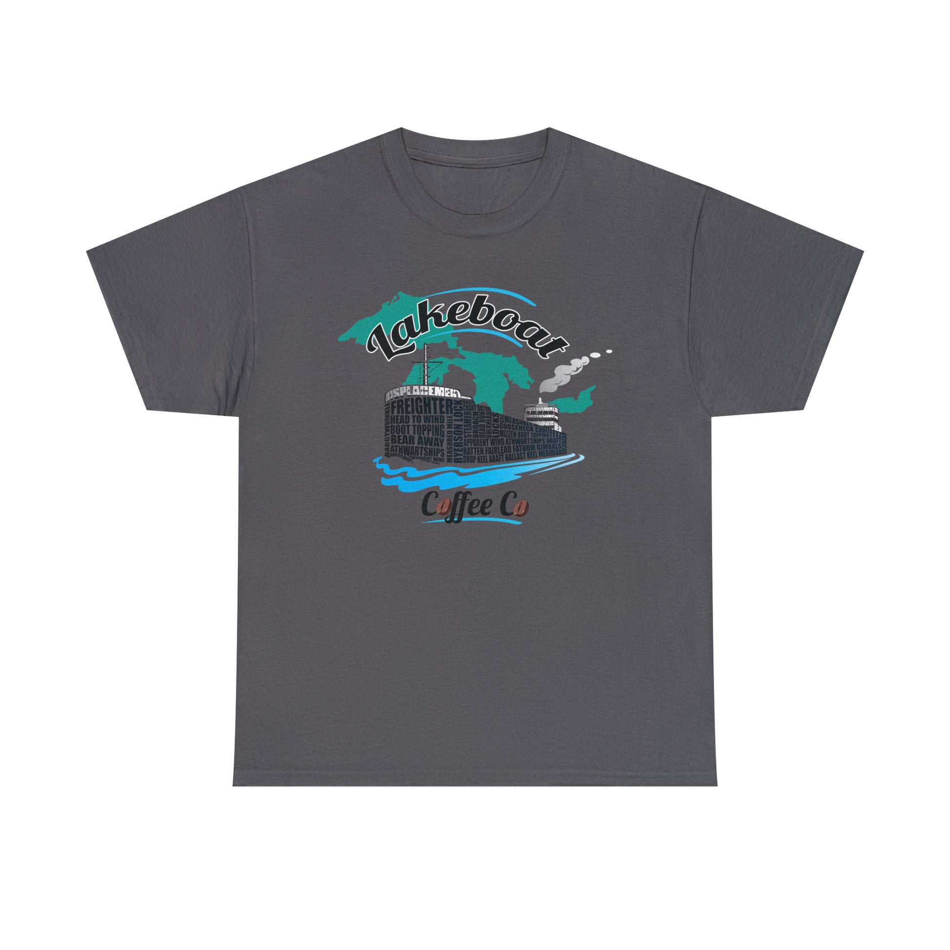 Lakeboat Coffee Company Logo Typography Tee, featuring sailing terminology in the logo on a soft, unisex heavy cotton fabric, inspired by Great Lakes heritage.