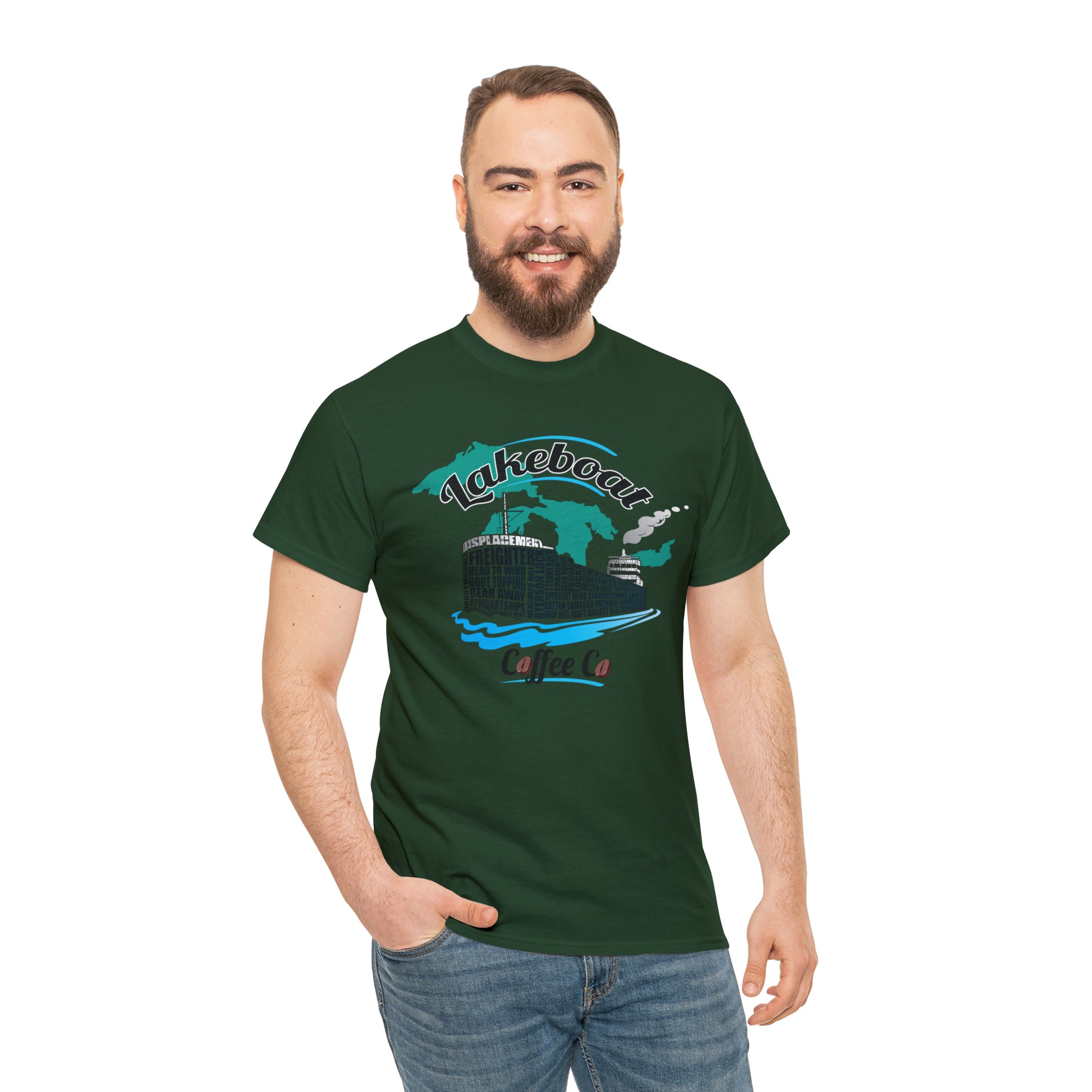 Lakeboat Coffee Company Logo Typography Tee, featuring sailing terminology in the logo on a soft, unisex heavy cotton fabric, inspired by Great Lakes heritage.