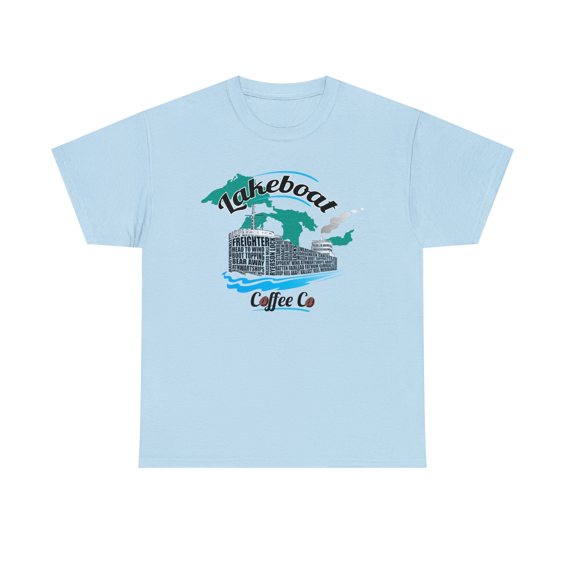 Lakeboat Coffee Company Logo Typography Tee, featuring sailing terminology in the logo on a soft, unisex heavy cotton fabric, inspired by Great Lakes heritage.