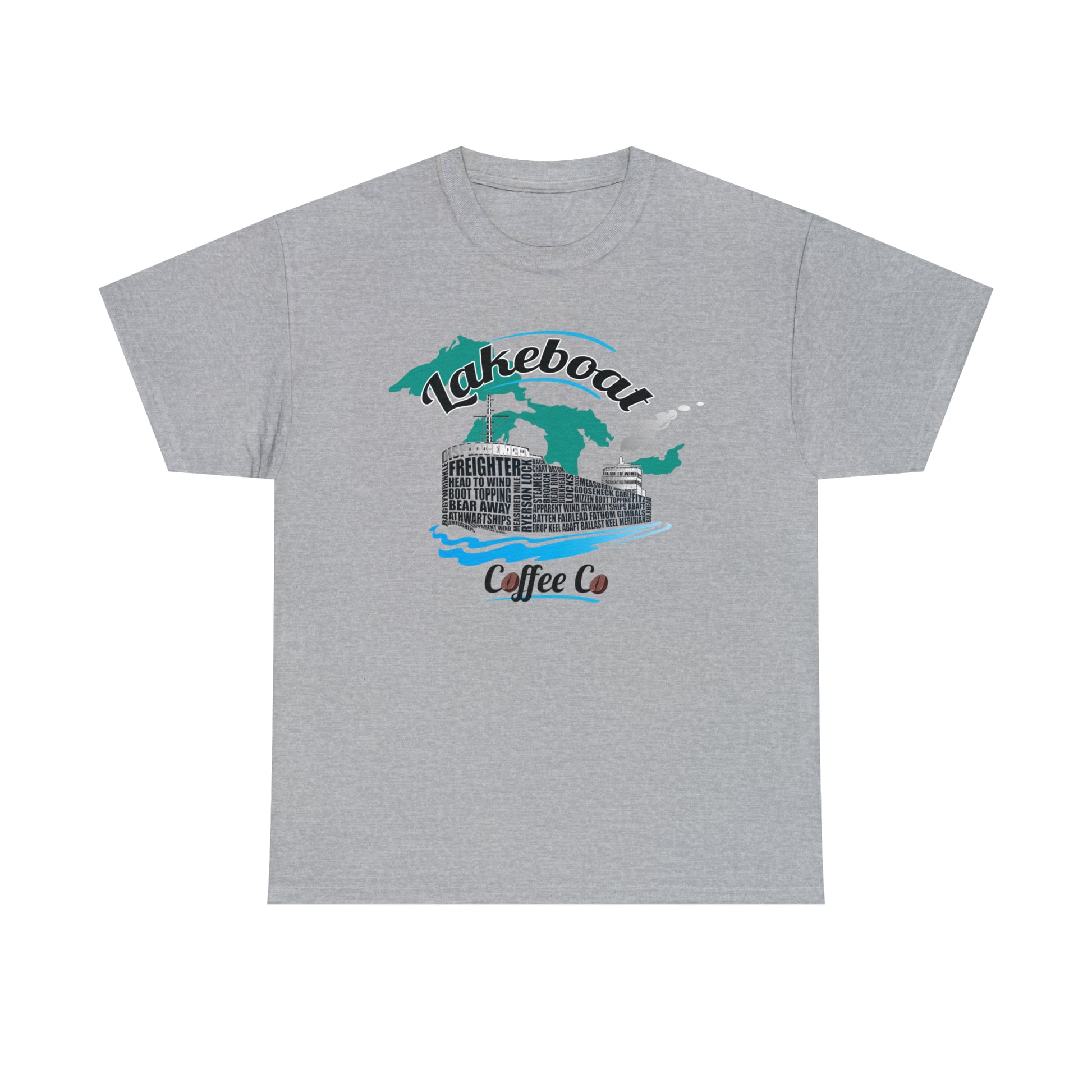 Lakeboat Coffee Company Logo Typography Tee, featuring sailing terminology in the logo on a soft, unisex heavy cotton fabric, inspired by Great Lakes heritage.