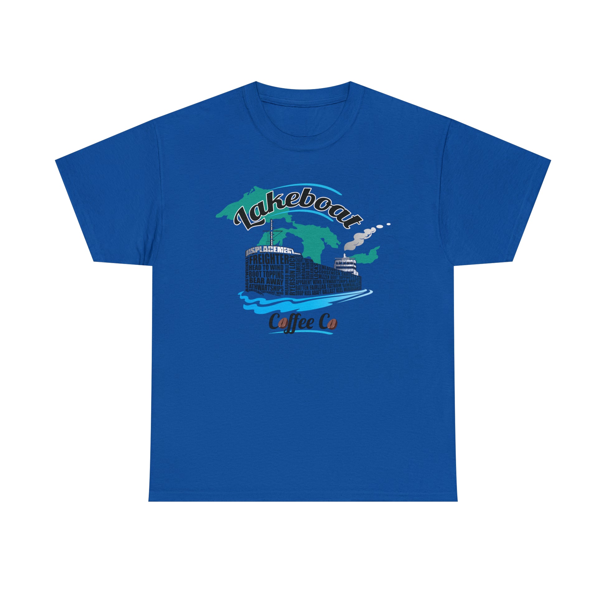 Lakeboat Coffee Company Logo Typography Tee, featuring sailing terminology in the logo on a soft, unisex heavy cotton fabric, inspired by Great Lakes heritage.
