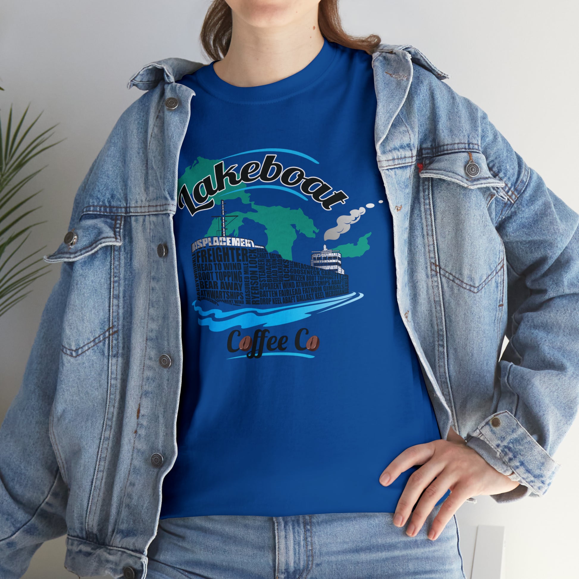 Lakeboat Coffee Company Logo Typography Tee, featuring sailing terminology in the logo on a soft, unisex heavy cotton fabric, inspired by Great Lakes heritage.