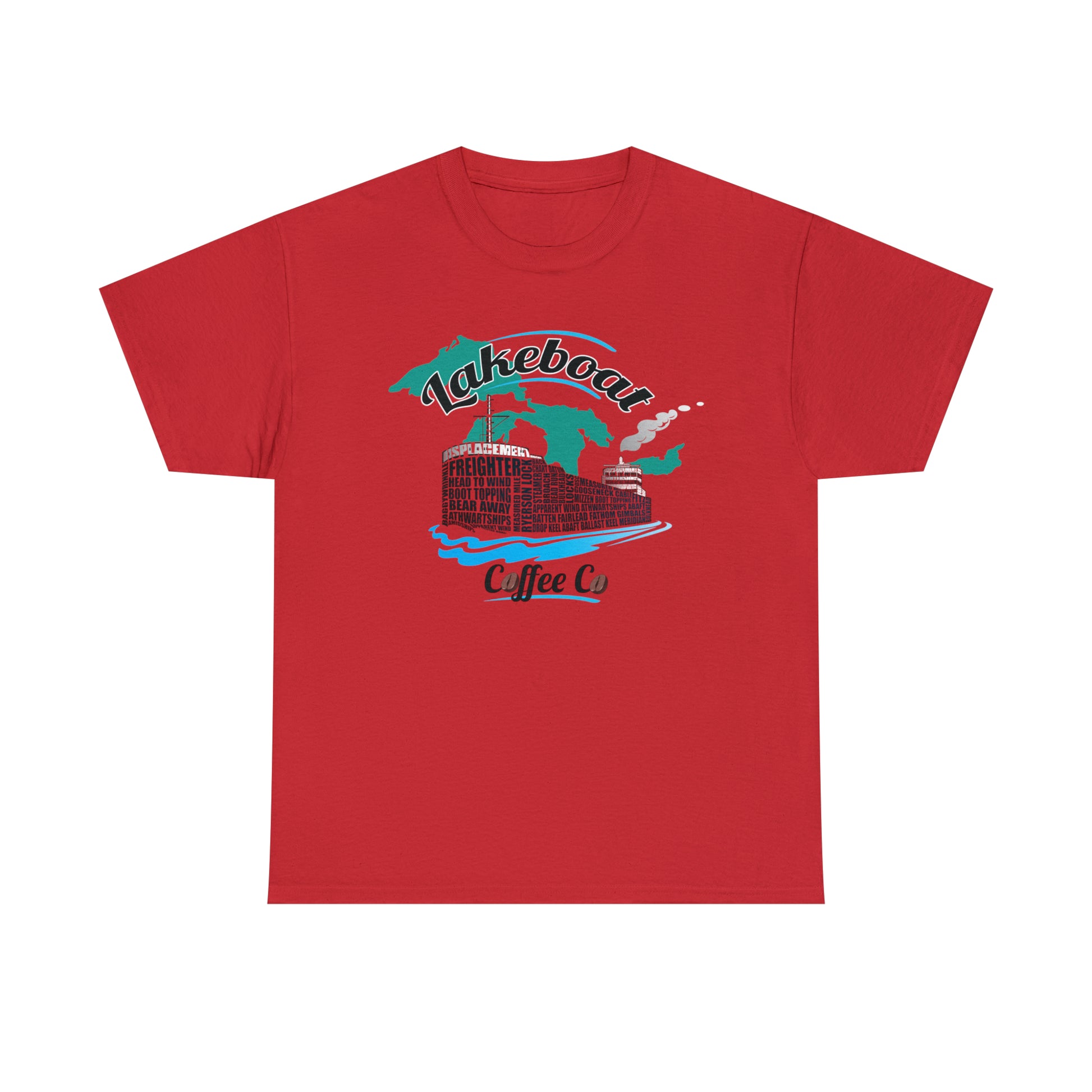 Lakeboat Coffee Company Logo Typography Tee, featuring sailing terminology in the logo on a soft, unisex heavy cotton fabric, inspired by Great Lakes heritage.