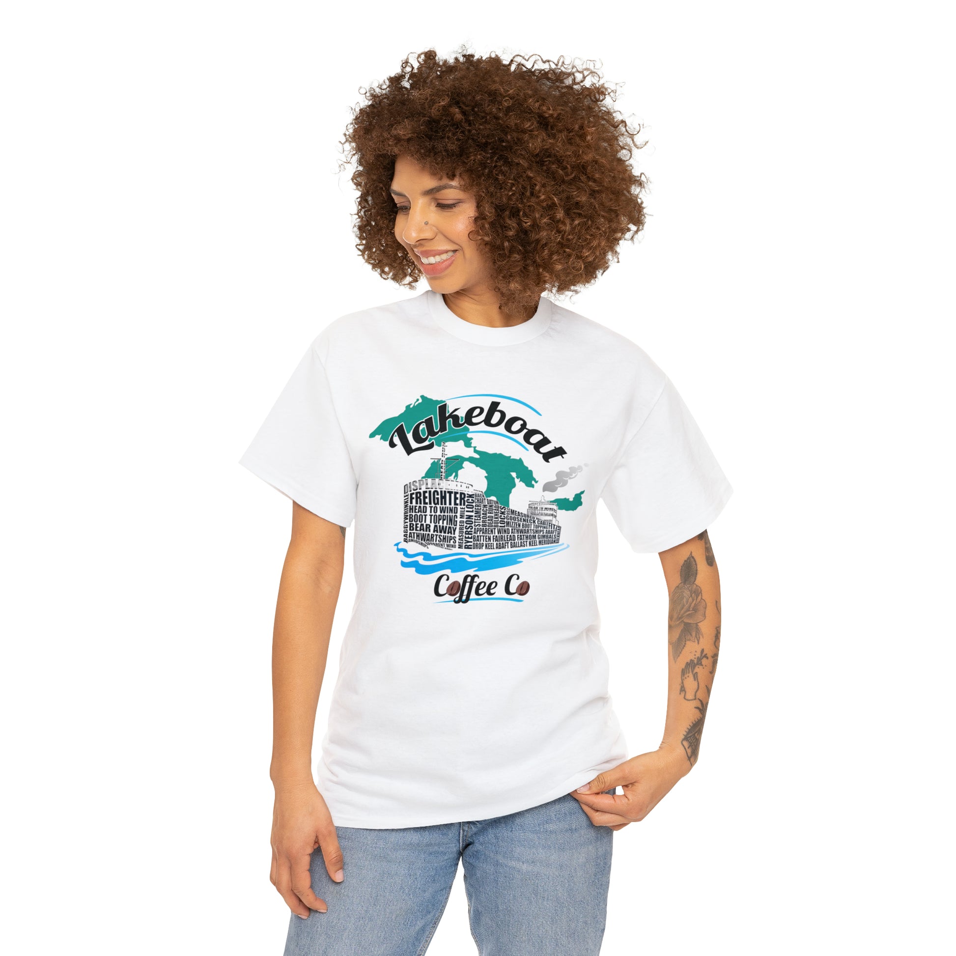 Lakeboat Coffee Company Logo Typography Tee, featuring sailing terminology in the logo on a soft, unisex heavy cotton fabric, inspired by Great Lakes heritage.