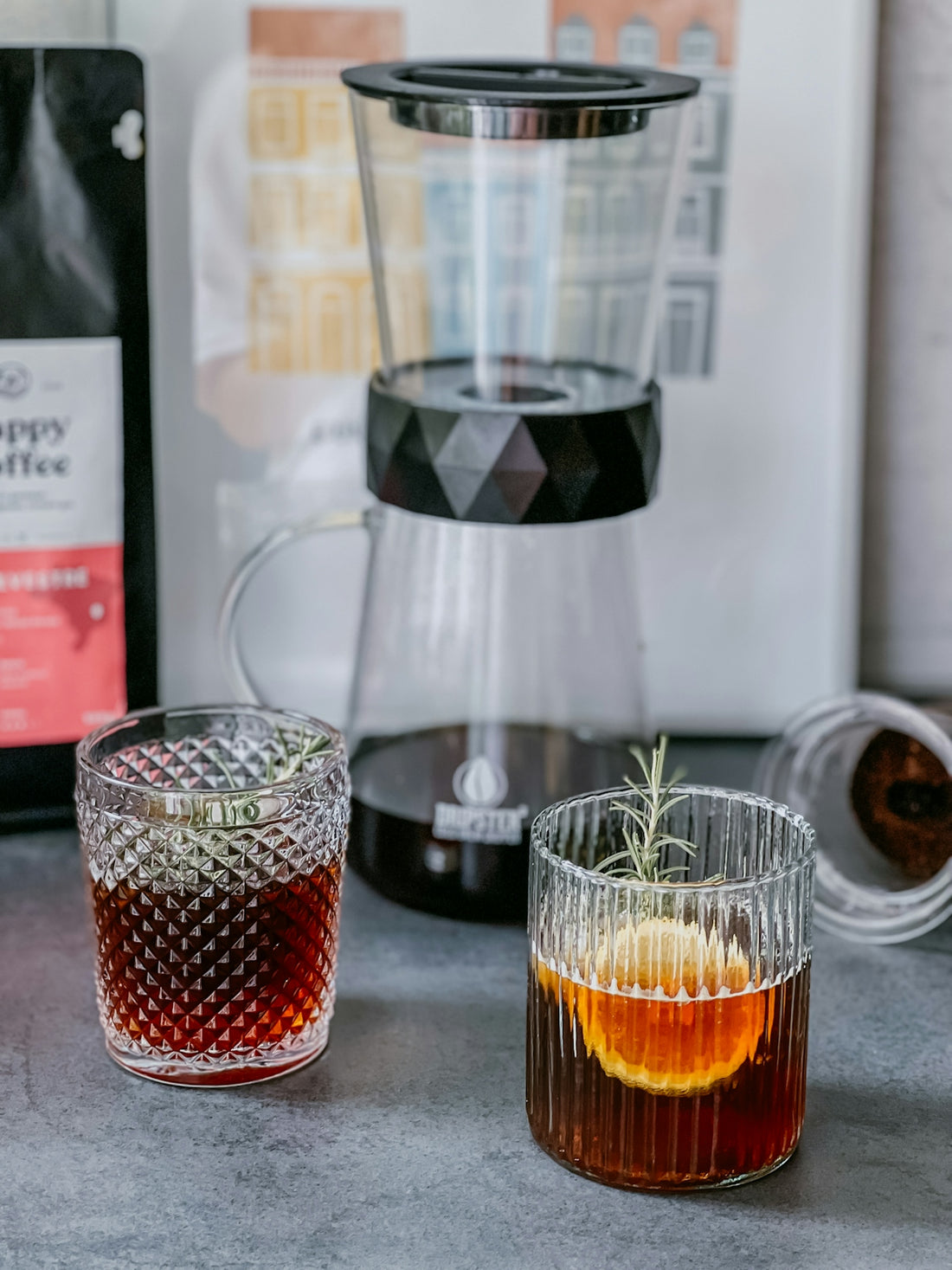 A couple of glasses sitting on top of a counter