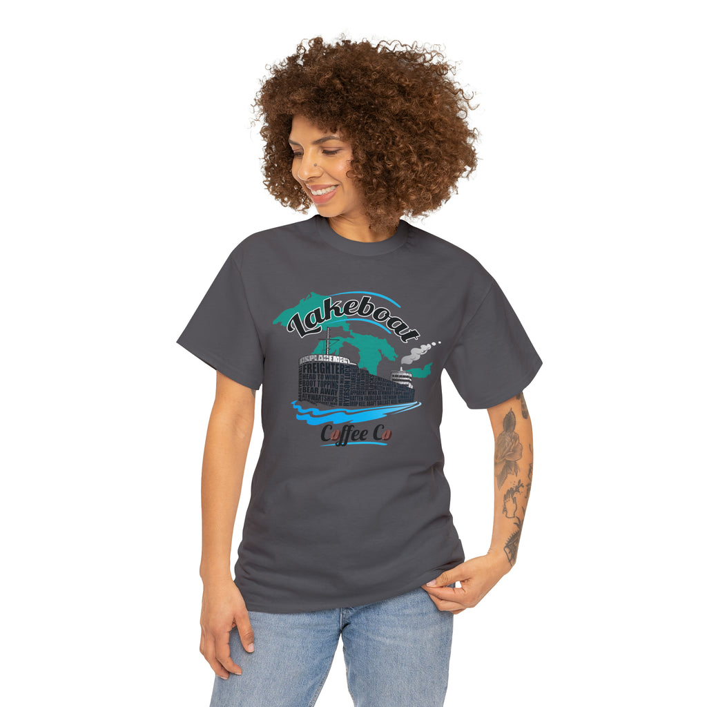 Lakeboat Coffee Company Logo Typography Tee, featuring sailing terminology in the logo on a soft, unisex heavy cotton fabric, inspired by Great Lakes heritage.