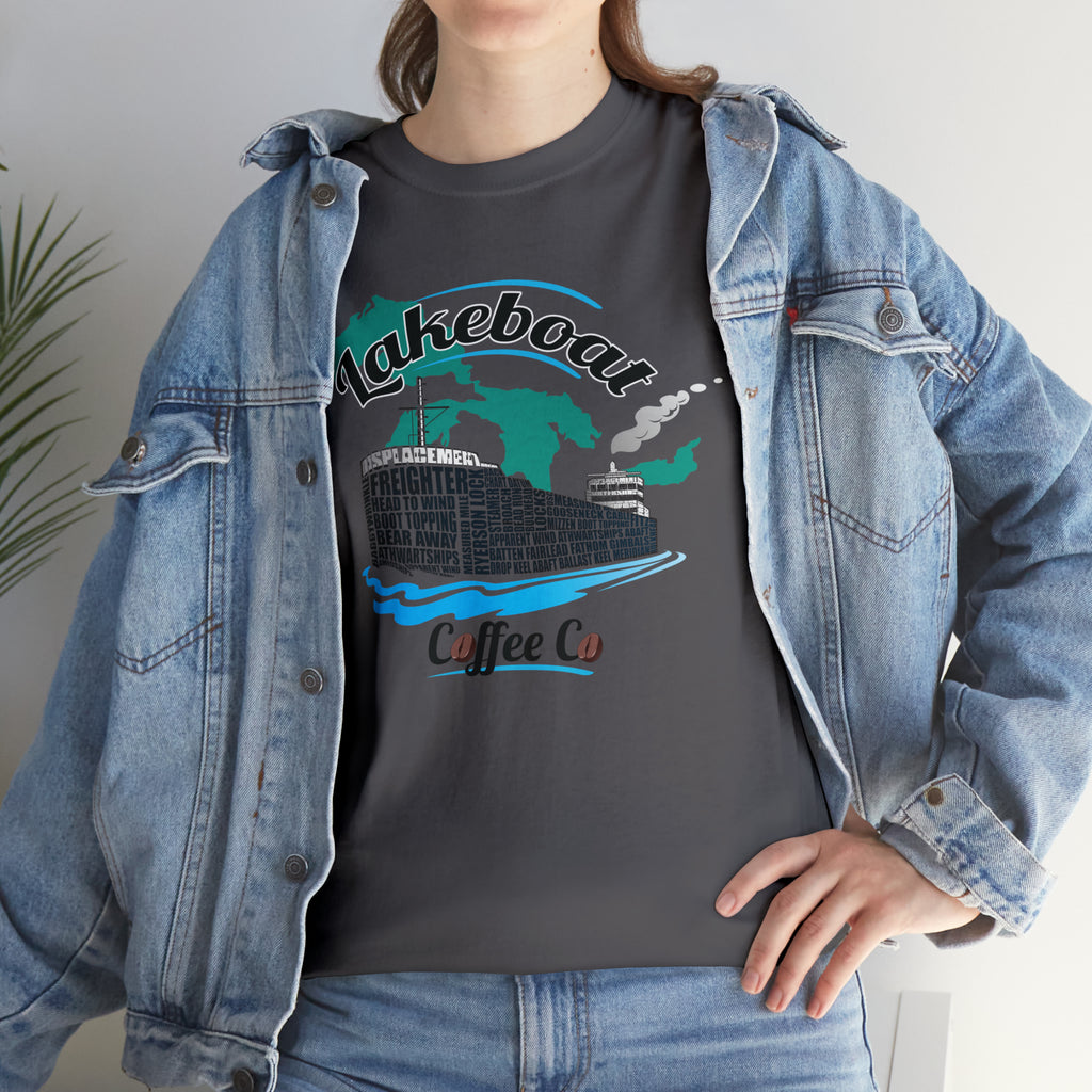 Lakeboat Coffee Company Logo Typography Tee, featuring sailing terminology in the logo on a soft, unisex heavy cotton fabric, inspired by Great Lakes heritage.
