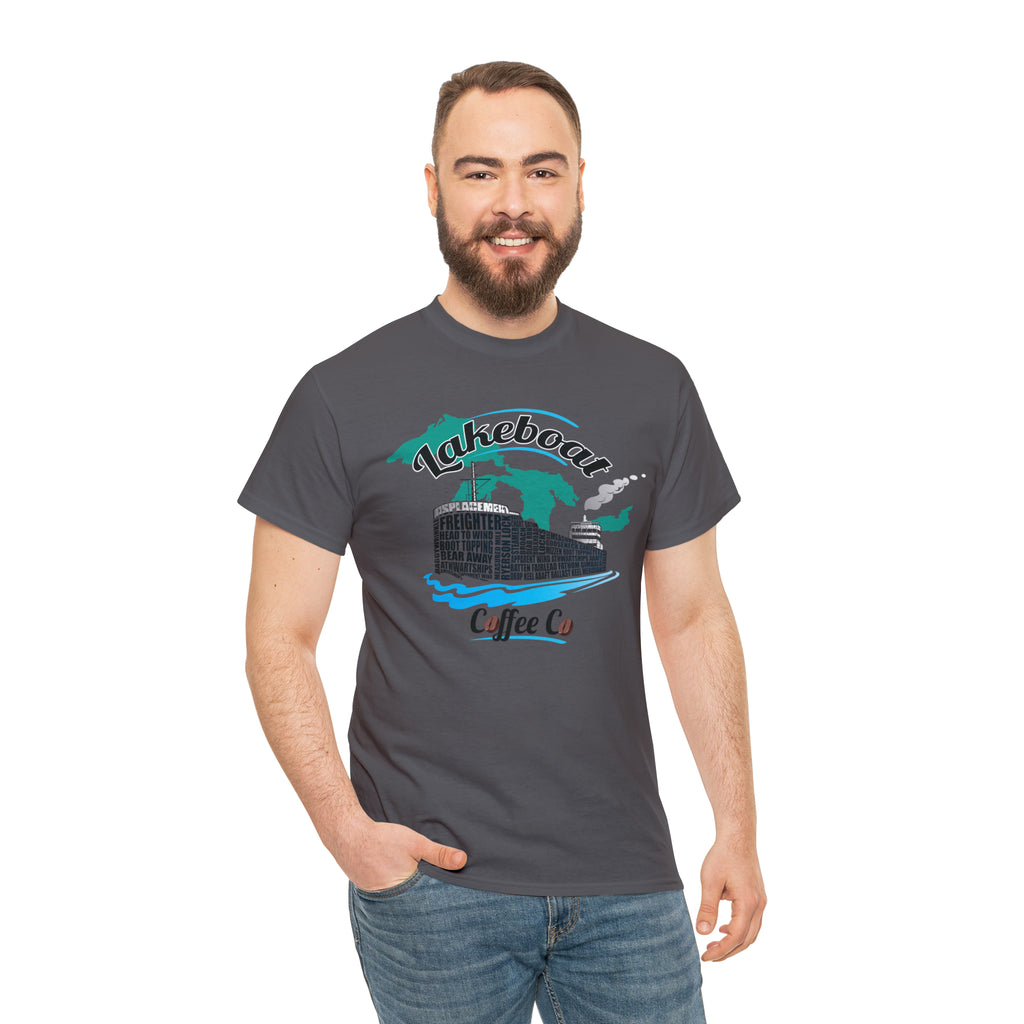 Lakeboat Coffee Company Logo Typography Tee, featuring sailing terminology in the logo on a soft, unisex heavy cotton fabric, inspired by Great Lakes heritage.