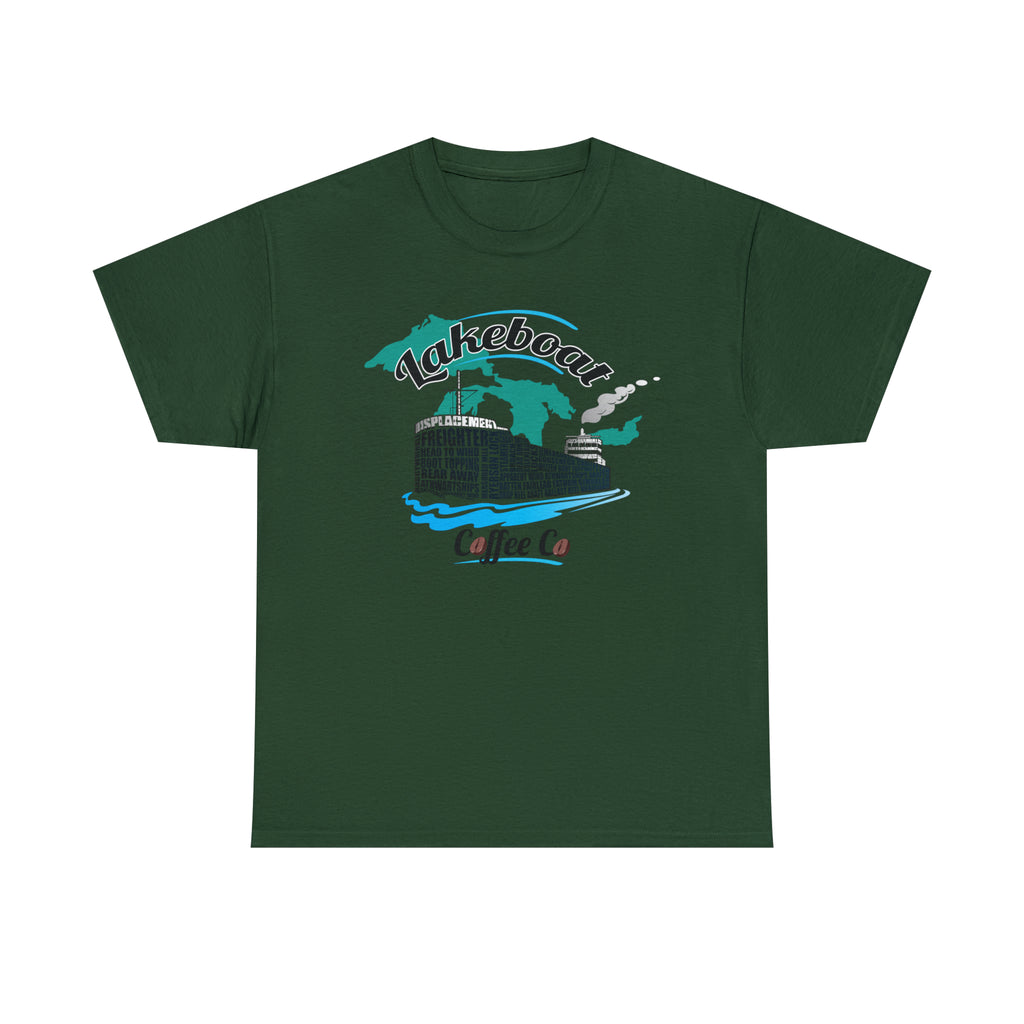 Lakeboat Coffee Company Logo Typography Tee, featuring sailing terminology in the logo on a soft, unisex heavy cotton fabric, inspired by Great Lakes heritage.