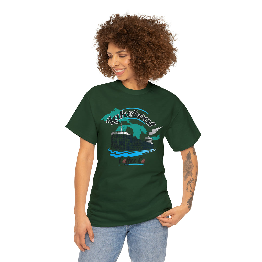 Lakeboat Coffee Company Logo Typography Tee, featuring sailing terminology in the logo on a soft, unisex heavy cotton fabric, inspired by Great Lakes heritage.