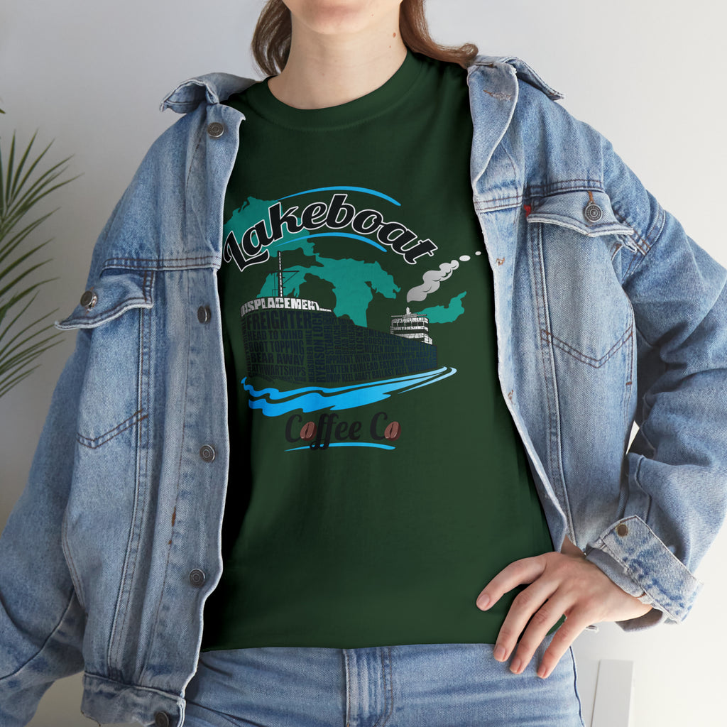 Lakeboat Coffee Company Logo Typography Tee, featuring sailing terminology in the logo on a soft, unisex heavy cotton fabric, inspired by Great Lakes heritage.
