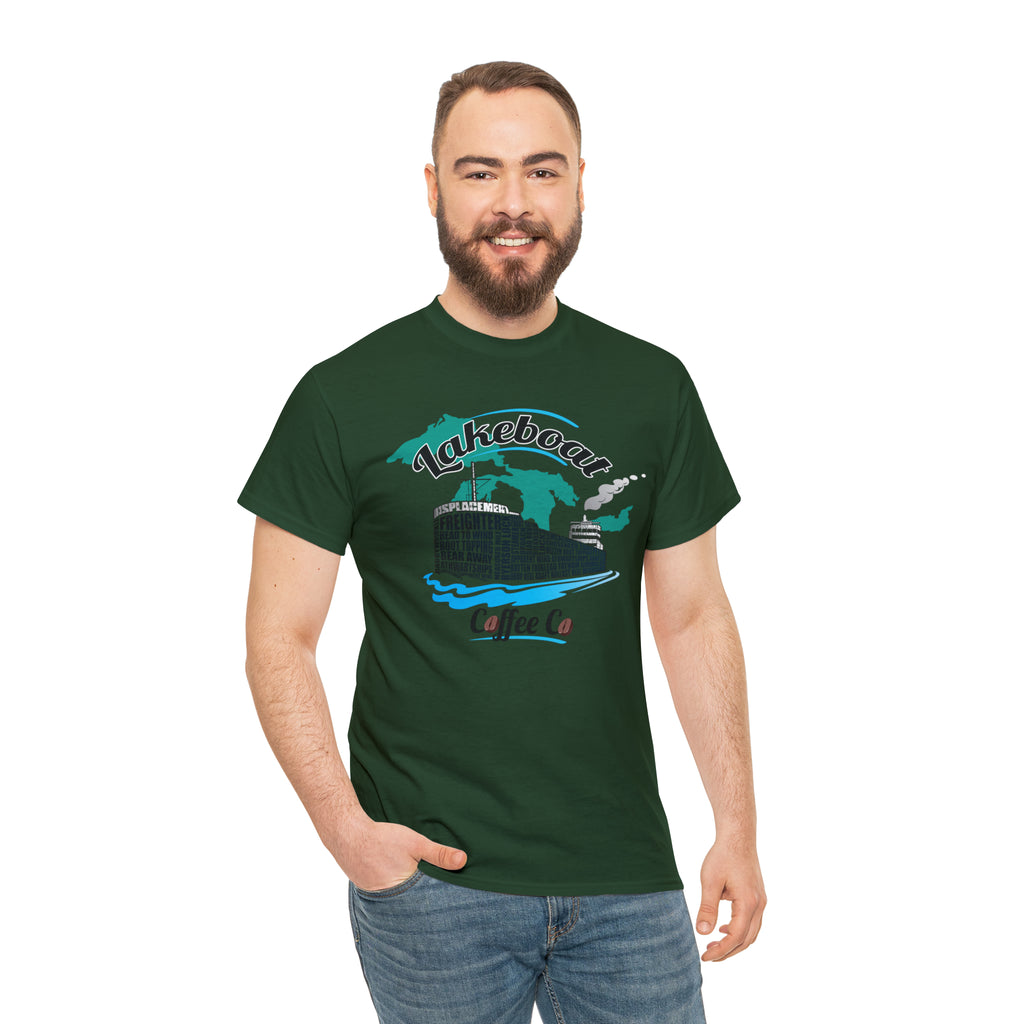 Lakeboat Coffee Company Logo Typography Tee, featuring sailing terminology in the logo on a soft, unisex heavy cotton fabric, inspired by Great Lakes heritage.