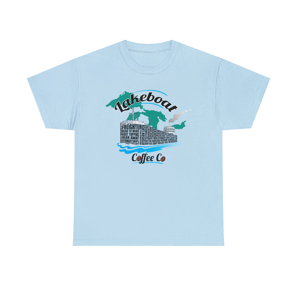 Lakeboat Coffee Company Logo Typography Tee, featuring sailing terminology in the logo on a soft, unisex heavy cotton fabric, inspired by Great Lakes heritage.