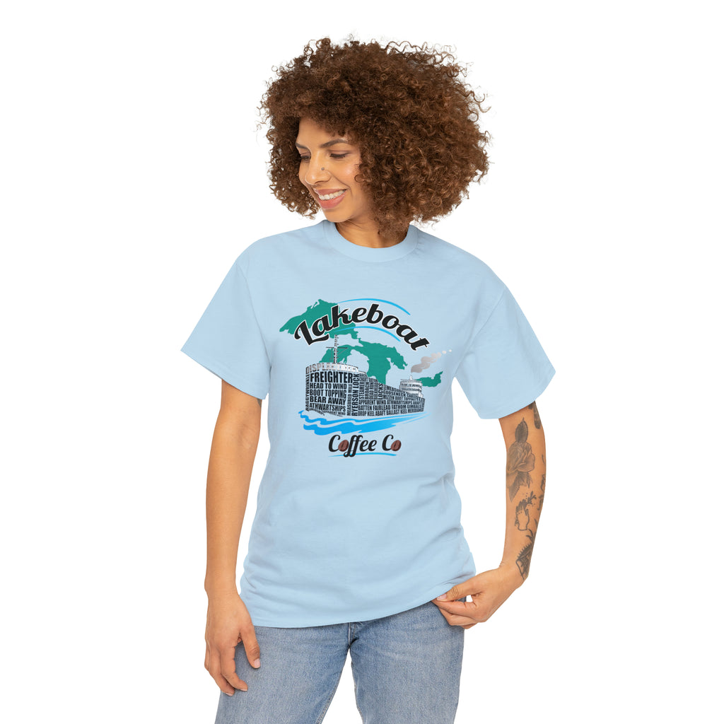 Lakeboat Coffee Company Logo Typography Tee, featuring sailing terminology in the logo on a soft, unisex heavy cotton fabric, inspired by Great Lakes heritage.