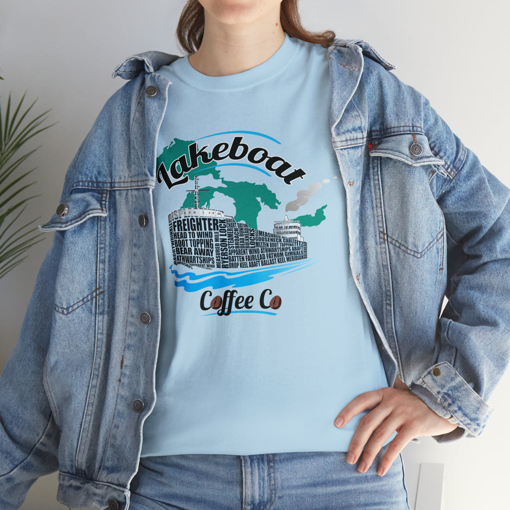 Lakeboat Coffee Company Logo Typography Tee, featuring sailing terminology in the logo on a soft, unisex heavy cotton fabric, inspired by Great Lakes heritage.