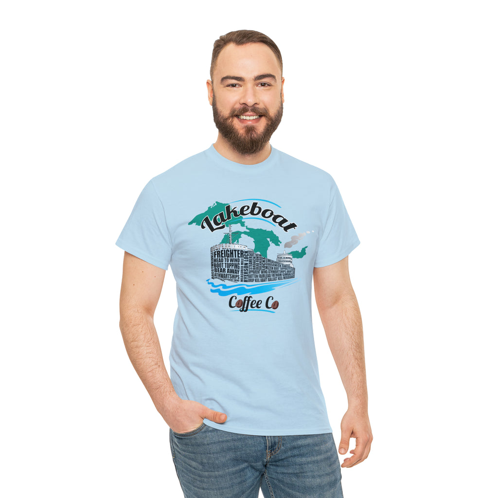 Lakeboat Coffee Company Logo Typography Tee, featuring sailing terminology in the logo on a soft, unisex heavy cotton fabric, inspired by Great Lakes heritage.