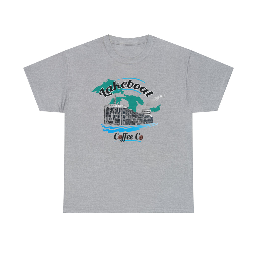 Lakeboat Coffee Company Logo Typography Tee, featuring sailing terminology in the logo on a soft, unisex heavy cotton fabric, inspired by Great Lakes heritage.