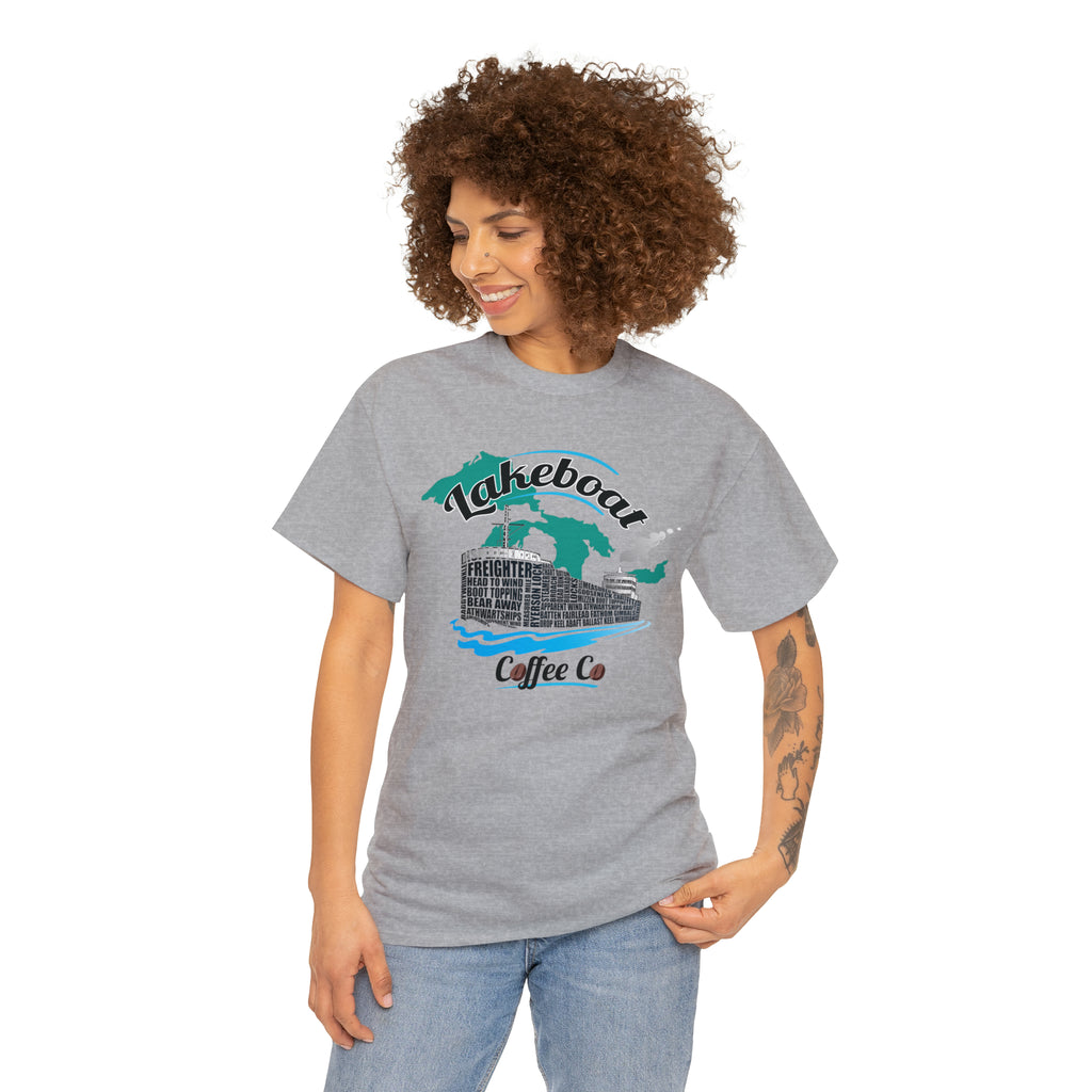 Lakeboat Coffee Company Logo Typography Tee, featuring sailing terminology in the logo on a soft, unisex heavy cotton fabric, inspired by Great Lakes heritage.