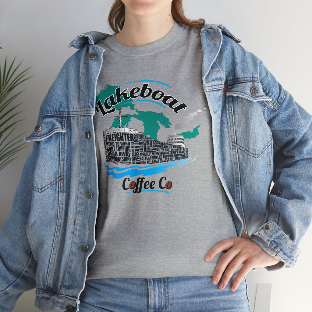 Lakeboat Coffee Company Logo Typography Tee, featuring sailing terminology in the logo on a soft, unisex heavy cotton fabric, inspired by Great Lakes heritage.