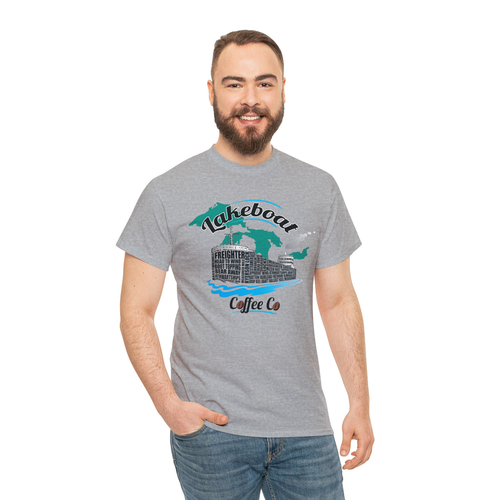 Lakeboat Coffee Company Logo Typography Tee, featuring sailing terminology in the logo on a soft, unisex heavy cotton fabric, inspired by Great Lakes heritage.
