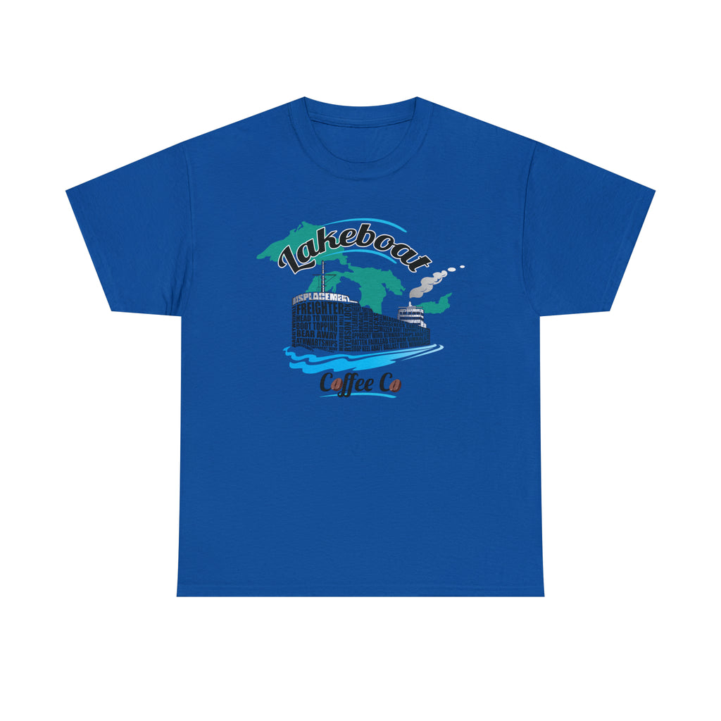 Lakeboat Coffee Company Logo Typography Tee, featuring sailing terminology in the logo on a soft, unisex heavy cotton fabric, inspired by Great Lakes heritage.