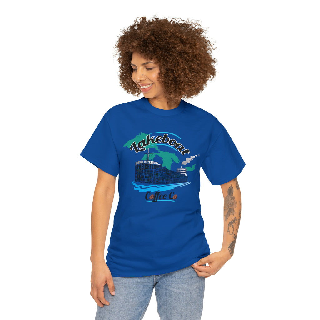 Lakeboat Coffee Company Logo Typography Tee, featuring sailing terminology in the logo on a soft, unisex heavy cotton fabric, inspired by Great Lakes heritage.