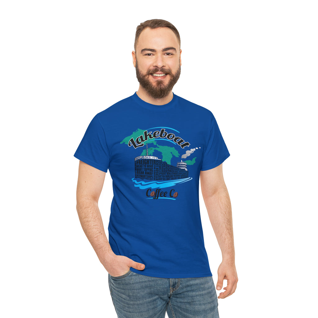 Lakeboat Coffee Company Logo Typography Tee, featuring sailing terminology in the logo on a soft, unisex heavy cotton fabric, inspired by Great Lakes heritage.
