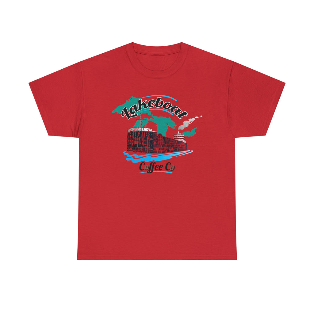 Lakeboat Coffee Company Logo Typography Tee, featuring sailing terminology in the logo on a soft, unisex heavy cotton fabric, inspired by Great Lakes heritage.
