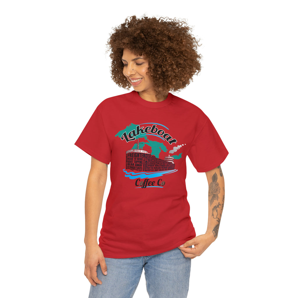 Lakeboat Coffee Company Logo Typography Tee, featuring sailing terminology in the logo on a soft, unisex heavy cotton fabric, inspired by Great Lakes heritage.