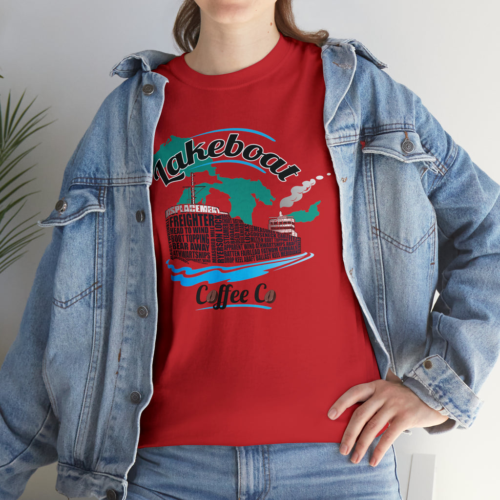 Lakeboat Coffee Company Logo Typography Tee, featuring sailing terminology in the logo on a soft, unisex heavy cotton fabric, inspired by Great Lakes heritage.