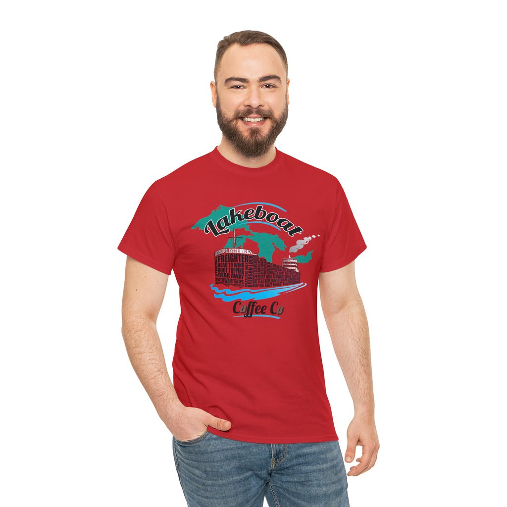 Lakeboat Coffee Company Logo Typography Tee, featuring sailing terminology in the logo on a soft, unisex heavy cotton fabric, inspired by Great Lakes heritage.