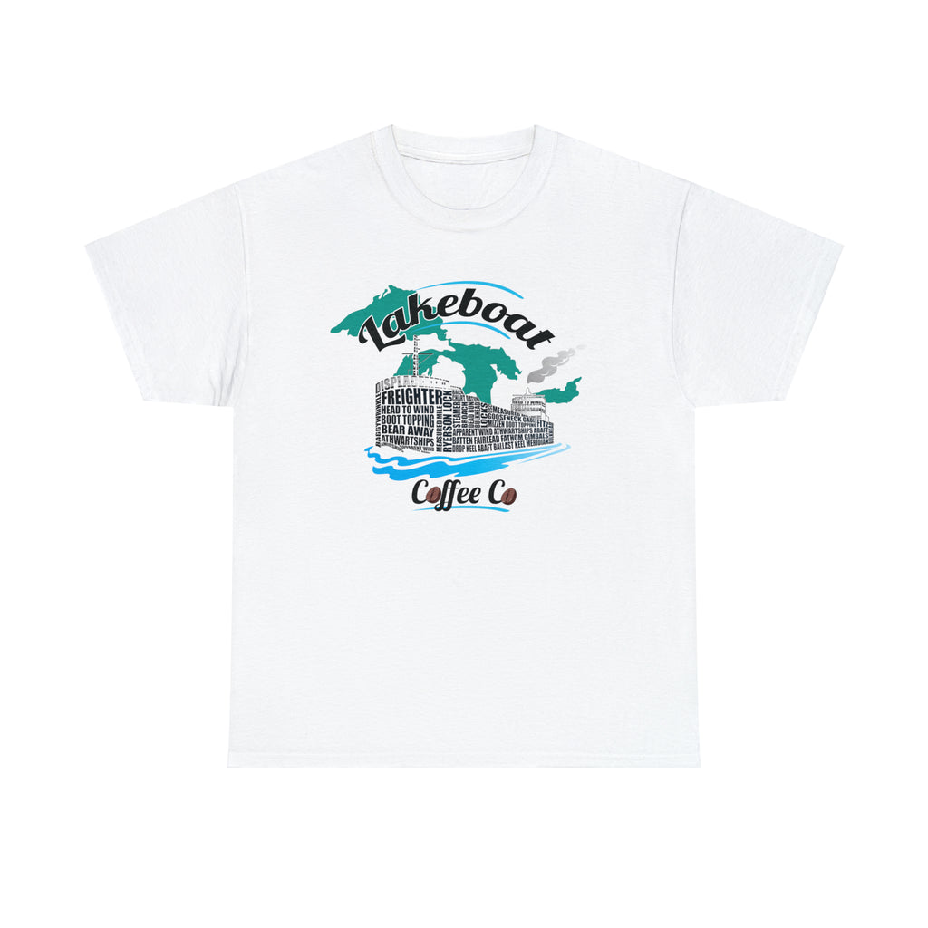 Lakeboat Coffee Company Logo Typography Tee, featuring sailing terminology in the logo on a soft, unisex heavy cotton fabric, inspired by Great Lakes heritage.