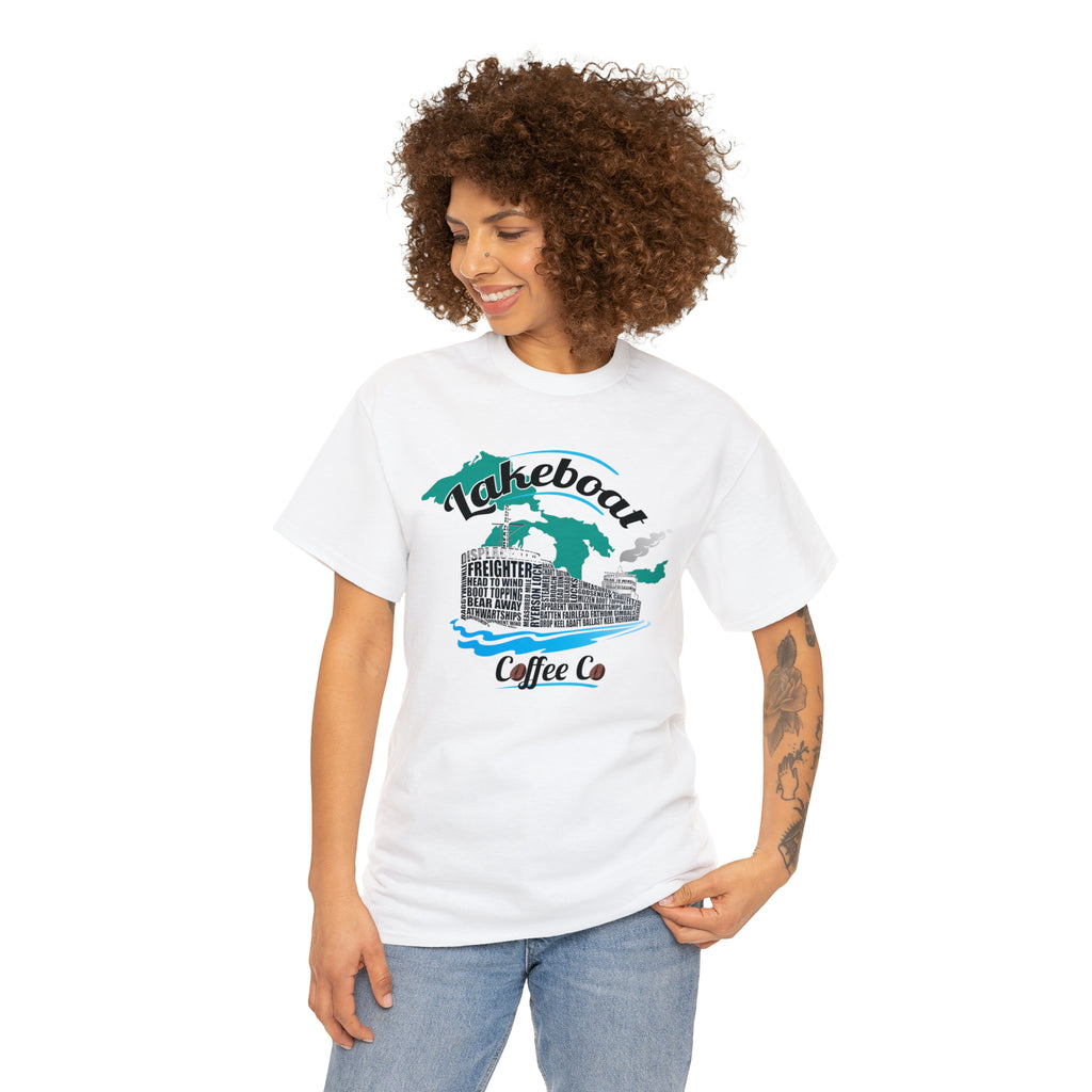 Lakeboat Coffee Company Logo Typography Tee, featuring sailing terminology in the logo on a soft, unisex heavy cotton fabric, inspired by Great Lakes heritage.