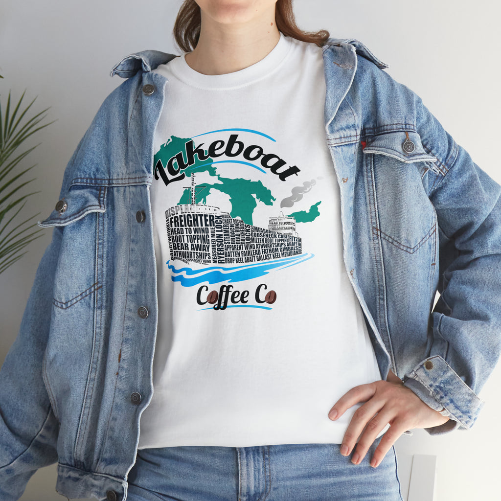 Lakeboat Coffee Company Logo Typography Tee, featuring sailing terminology in the logo on a soft, unisex heavy cotton fabric, inspired by Great Lakes heritage.