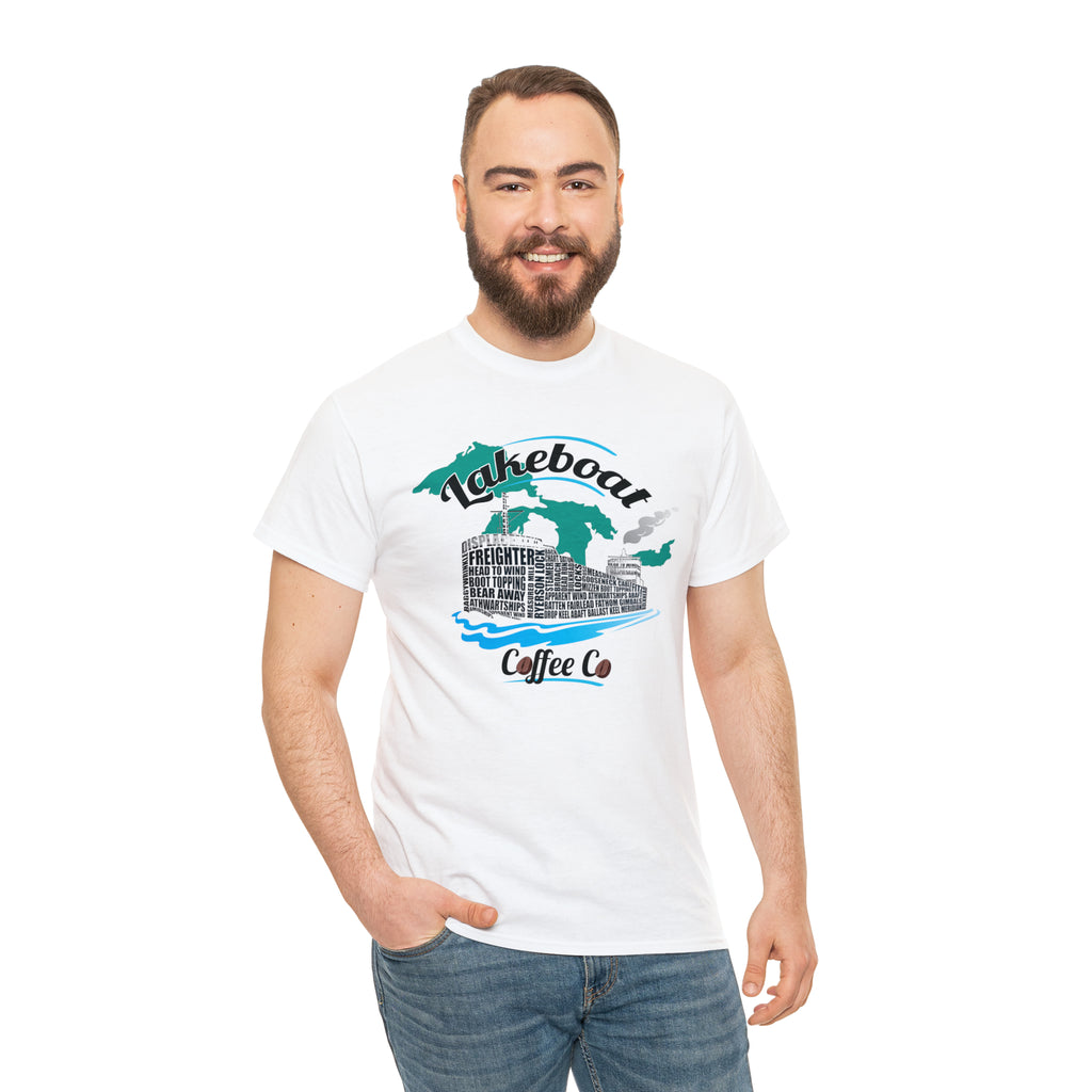 Lakeboat Coffee Company Logo Typography Tee, featuring sailing terminology in the logo on a soft, unisex heavy cotton fabric, inspired by Great Lakes heritage.